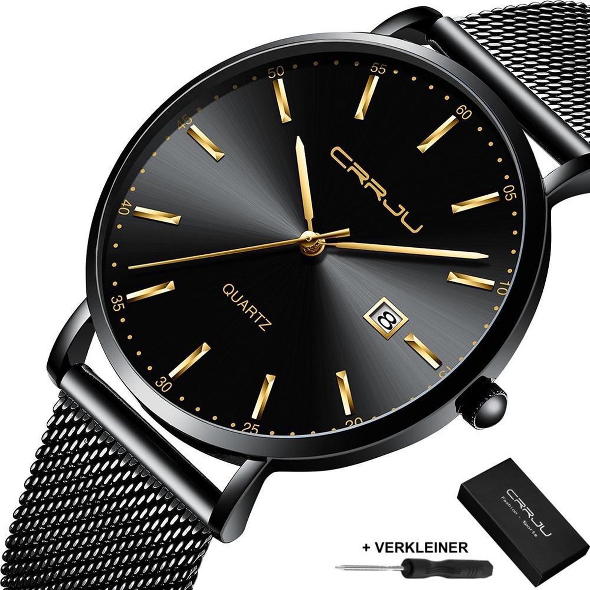 CRRJU - Horloge Heren Dames Unisex - Cadeau voor Vrouw en Man - 41 mm - Zwart Goud