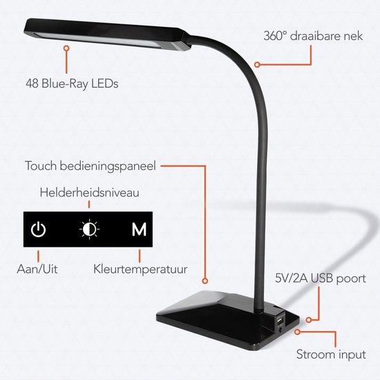 LifeGoods Bureaulamp - Verstelbaar - LED - Dimbare klemlamp - USB Oplader - Wit en Warm Licht - Zwart - Auronic