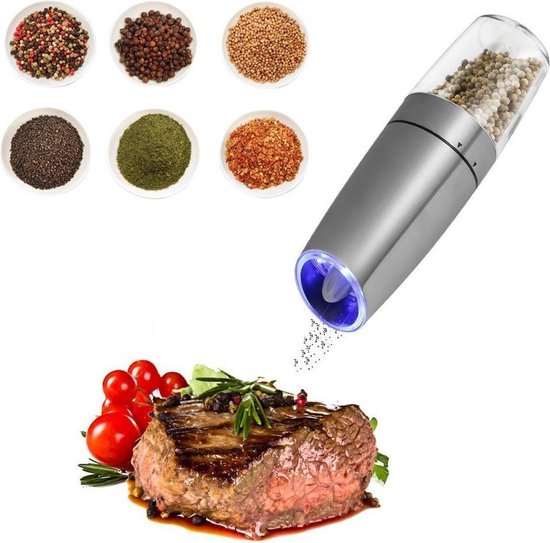 RSQUAD® - Elektrische Zout Pepermolen - 1x Automatische Peper Zoutmolen - Kruidenmolen - Met Blauw LED Licht - Zilver