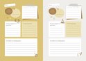 Open geel en beige boek met invulvelden voor berichten, eten, drinken en activiteiten.
