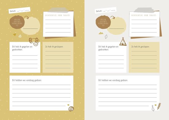 Open geel en beige boek met invulvelden voor berichten, eten, drinken en activiteiten.