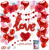 Fissaly® 89 Stuks Liefde & Hartjes Decoratie Set Helium & Papieren Confetti Ballonnen en Lint – I Love you - Cadeautje - Man & Vouw - Hem & Haar - Rood - Valentijn