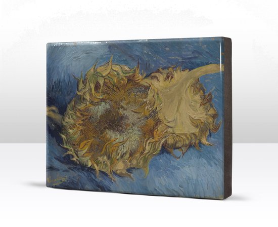 twee afgesneden zonnebloemen - Vincent van Gogh - 26 x 19,5 cm - Niet van echt te onderscheiden schilderijtje op hout - Mooier dan een print op canvas - Laqueprint.