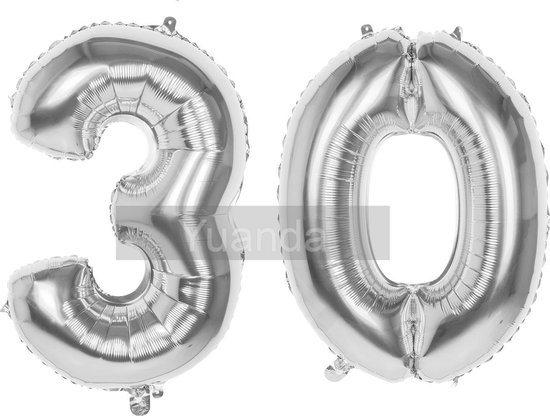30 Jaar Folie Ballonnen Zilver - Happy Birthday - Foil Balloon - Versiering - Verjaardag - Man / Vrouw - Feest - Inclusief Opblaas Stokje & Clip - XL - 115 cm