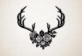 Wanddecoratie - Rendier hoorns met bloemen - S - 45x49cm - Zwart - muurdecoratie - Line Art