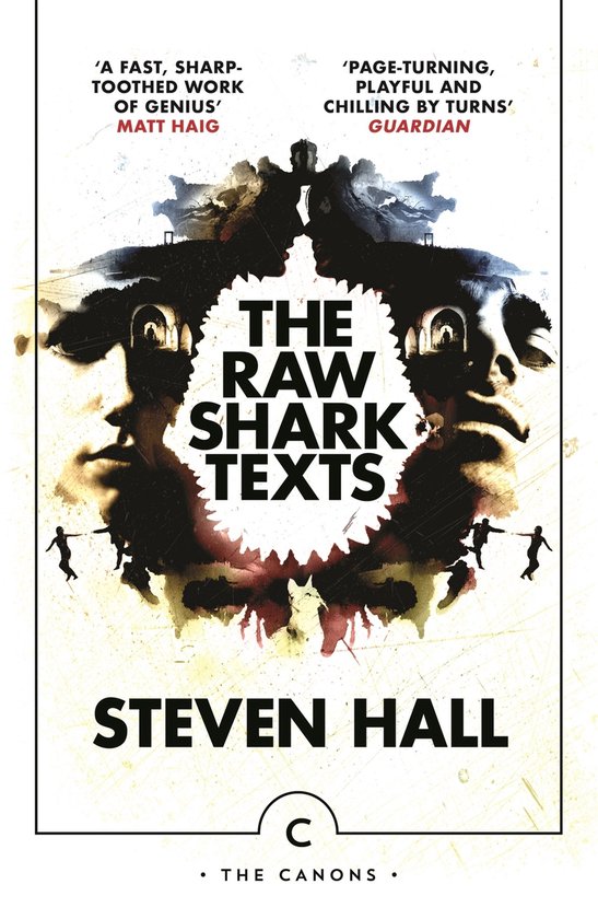 Couverture du livre 'The Raw Shark Texts' de Steven Hall avec des images sombres et abstraites et des citations.