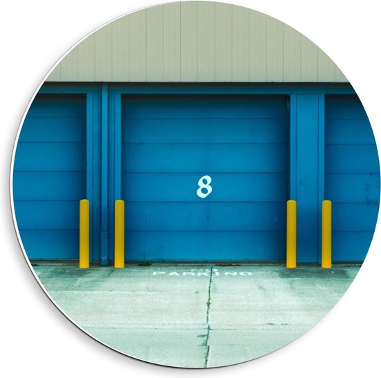 Forex Wandcirkel - Garage Deuren Blauw met Cijfers - 40x40cm Foto op Wandcirkel (met ophangsysteem)