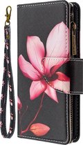 Telefoonhoesje geschikt voor Samsung Galaxy A51 - Portemonnee met rits - book-case hoesje - ruimte voor 9 pasjes - Zwart bloemen