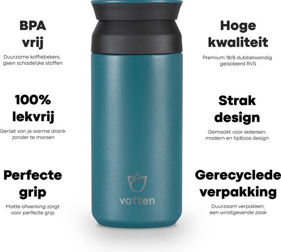 Vatten® Premium RVS Thermosbeker - Turquoise Blauw - 350ml - Koffiebeker To Go - Theebeker - Vatten