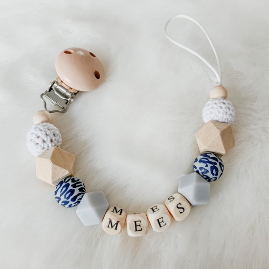 Babybeads - Speenkoord met naam - Tijgerprint met grijstinten - Gepersonaliseerd kraamcadeau