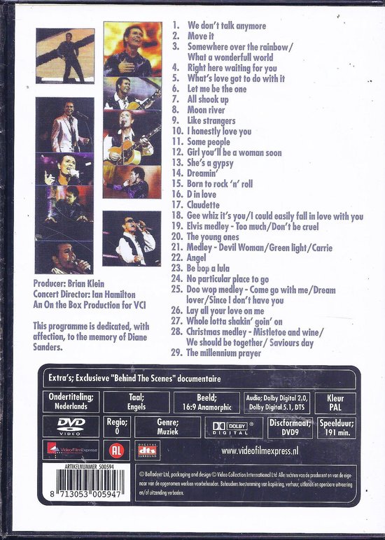 Achterkant van de Cliff Richard World Tour 2003 dvd, met verschillende foto's van Cliff Richard en tracklist.