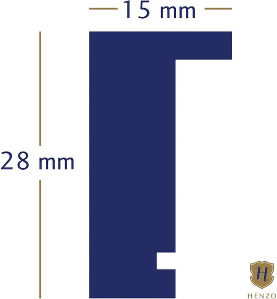 Profiel van een fotolijst met afmetingen van 28 mm hoog en 15 mm breed, in donkerblauw.