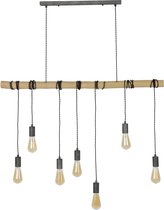 Hedendaagse hanglamp met 7 lampen in metaal en hout in antiek zilver en natuurlijke kleur.