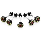 Chirurgisch stalen tongpiercing kruis met doodshoofd zwart rood acryl 16mm 1.6mm 6mm