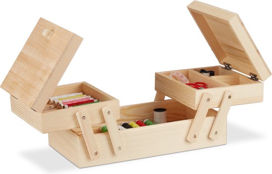 Relaxdays naaikist hout - naaidoos 5 vakken - compact - natuurlijk - opbergbox leeg