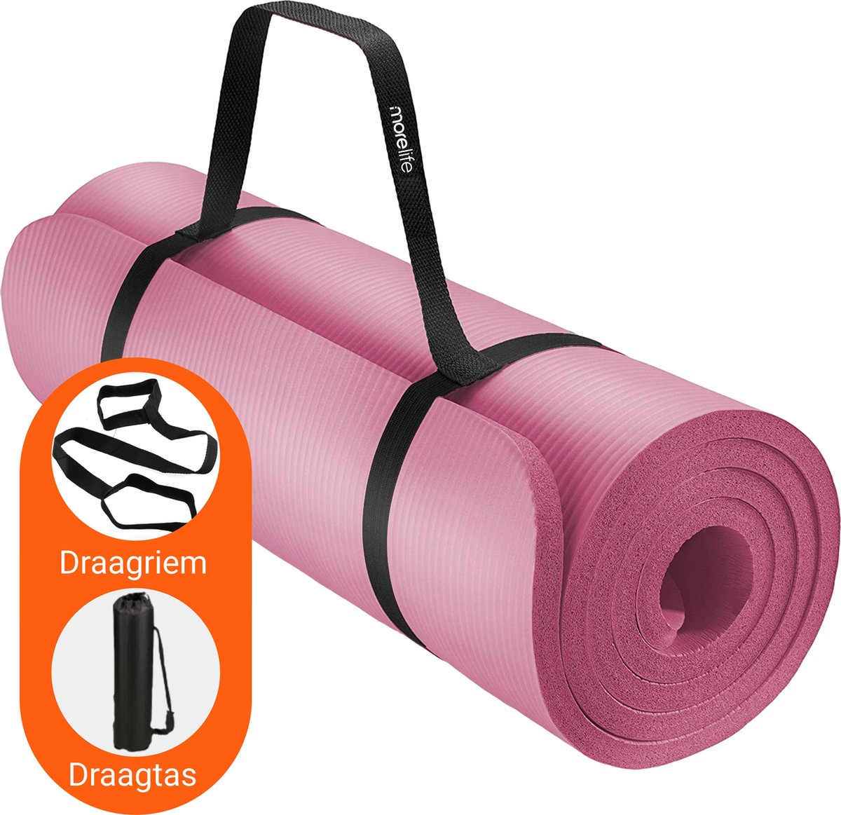More2Life® Fitness Mat Anti Slip - Yoga Mat - Sport Mat - Fitnessmat Incl. Draagriem en Extra Draagtas - 183x61CM - 1CM  - Hoogwaardige NBR Trainingsmat - Roze - MoreToLife