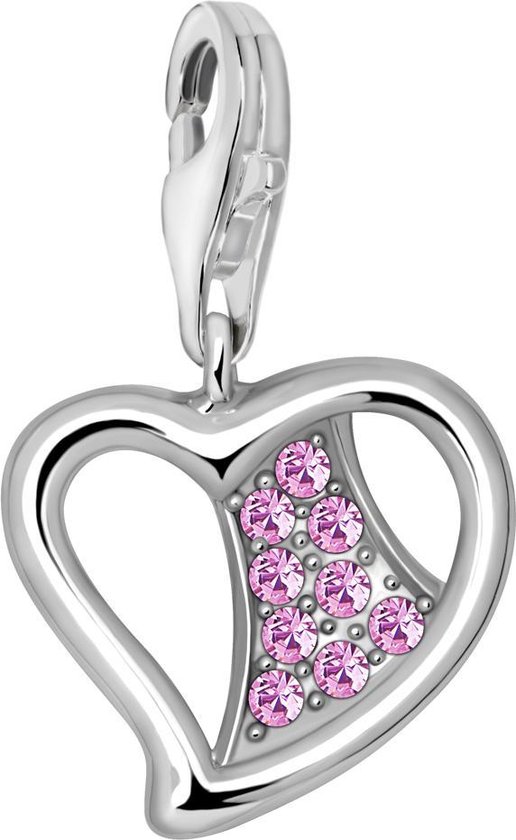 Quiges – 925 - Zilver – Charm - Bedel - Hanger - Roze Zirkonia Hart - met – sterling - zilver - karabijnslot - geschikt - voor - Zinzi, Thomas – Sabo - Ti Sento - Bedelarmband HC239