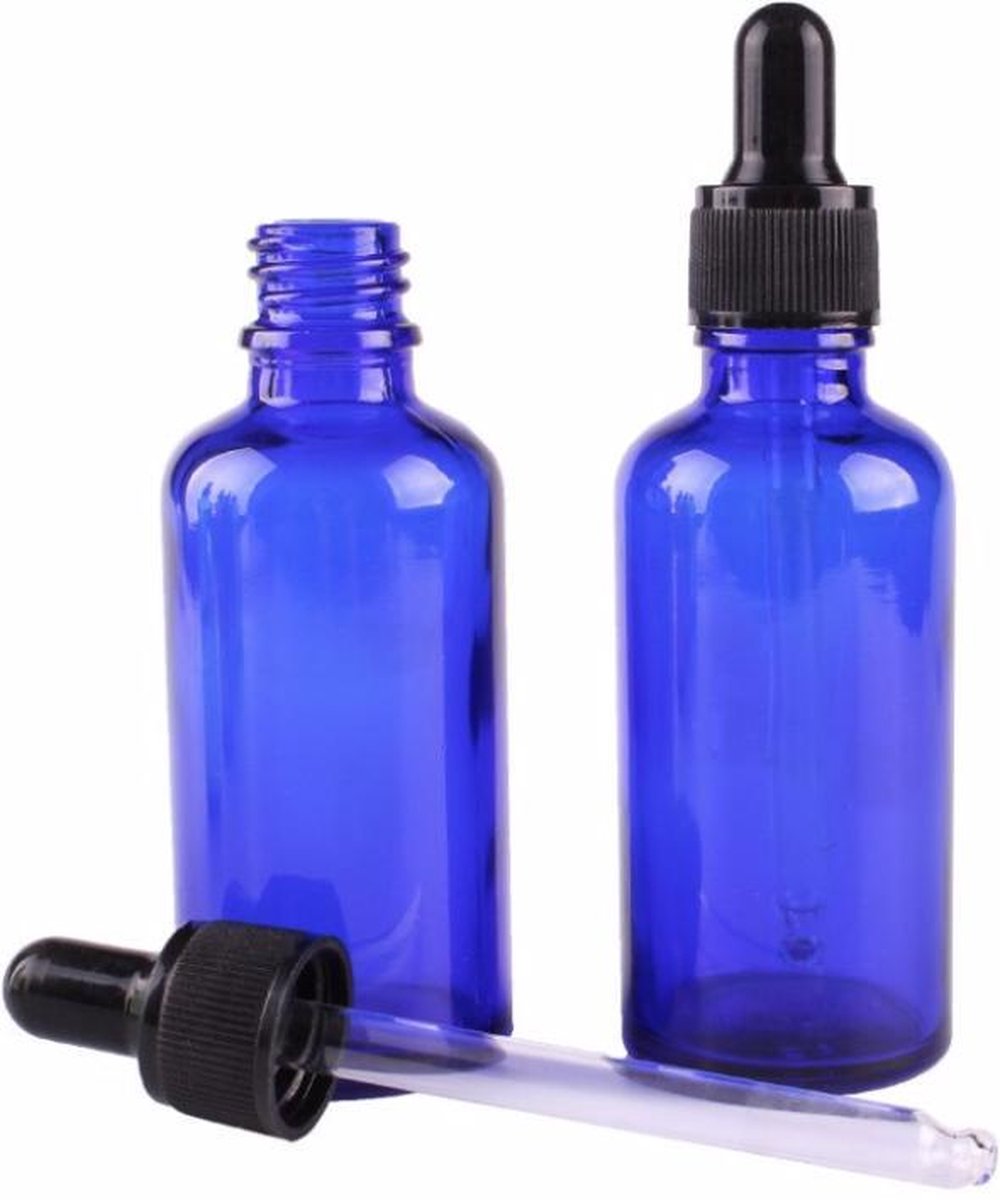 Donkerblauw glazen pipetflesje - 50 ml - inclusief zwart pipet - aromatherapie