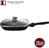 Imperial Collection: Gegoten Grillpan met Marmercoating en Deksel - ⌀ 28cm  - Afneembaar Handvat - Grillpan met Deksel - Inductie Grillpan - PFOA / LOOD-vrij