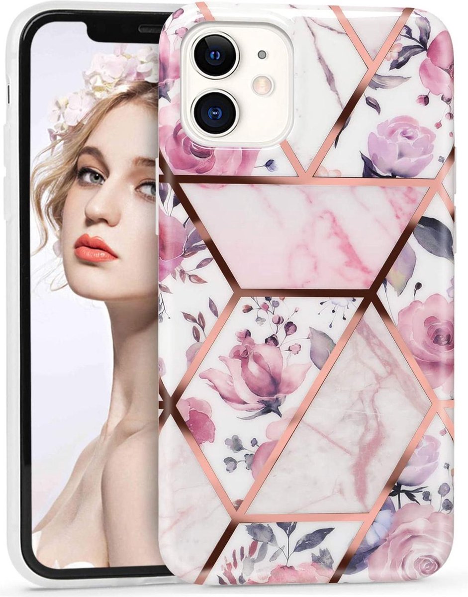 Geschikt voor Apple iPhone 11 - Wit - Roze - Marmer - Bloemen - Soft TPU
