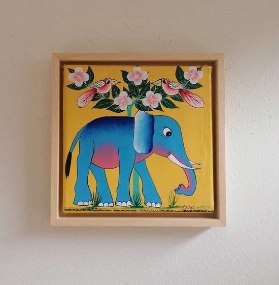 Wanddecoratie - babykamer - woonkamer - Olifant - geel - blauw - Mr. Blue on Yellow - Schilderij - Handgeschilderd - houten baklijst - 20x20cm - Tanzania - dieren