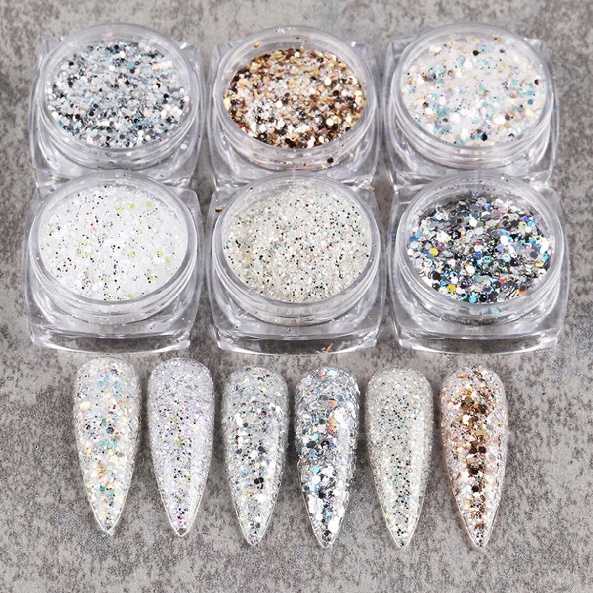 Goedkoopste Glitter Poeder Nail Art Set - 6 Stuks - Parelmoer / Zilver / Brons - Nagel Decoratie Strass