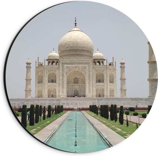 Dibond Wandcirkel - Taj Mahal in India - 20x20cm Foto op Aluminium Wandcirkel (met ophangsysteem)