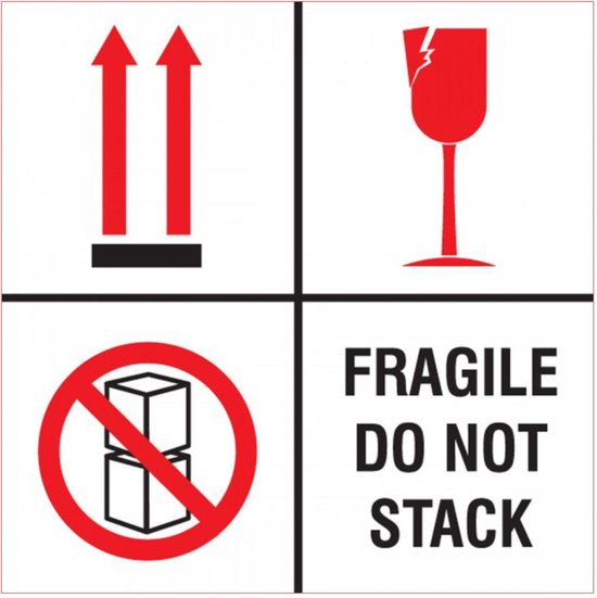 Vinyl stickers Do Not Stack - Fragile - Breekbaar - Waarschuwings etiketten - Verpakkingen niet stapelen - Rechtop houden 80 x 80 mm. 250 st/rol