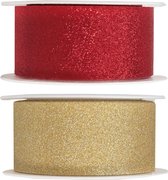 2x Hobby/decoratie rood en gouden sierlinten met glitters 3 cm/30 mm x 5 meter