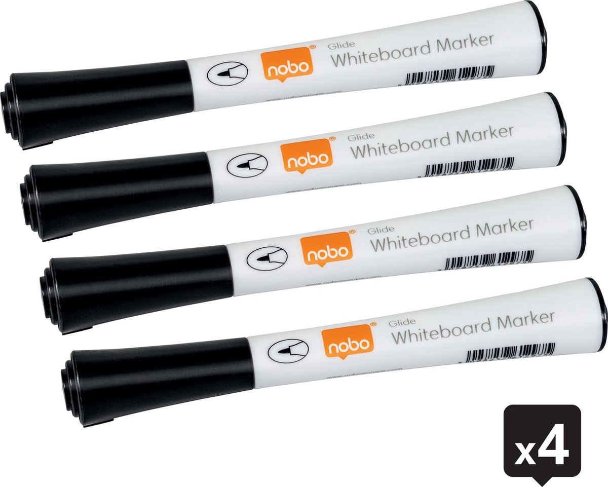 Nobo Glide Whiteboard Markers Met Fijne Punt - Pak Van 4 Stuks - Zwart