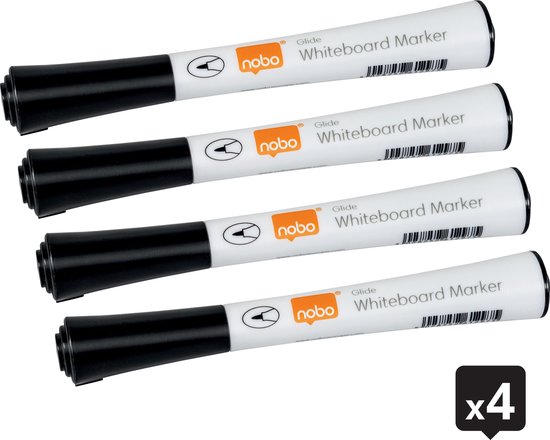 Vier witte whiteboardmarkers met zwarte doppen, met het Nobo logo en een "x4" aanduiding.