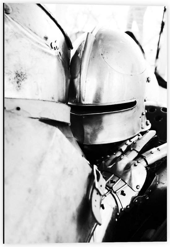 Dibond - Zwart/Wit Foto van een Harnas uit de Middeleeuwen - 40x60cm Foto op Aluminium (Met Ophangsysteem)