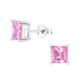 Joy|S -Zilveren vierkant oorbellen - 6 mm - zirkonia - roze