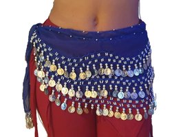 Buikdans heupsjaal / muntgordel in blauw met zilveren muntjes