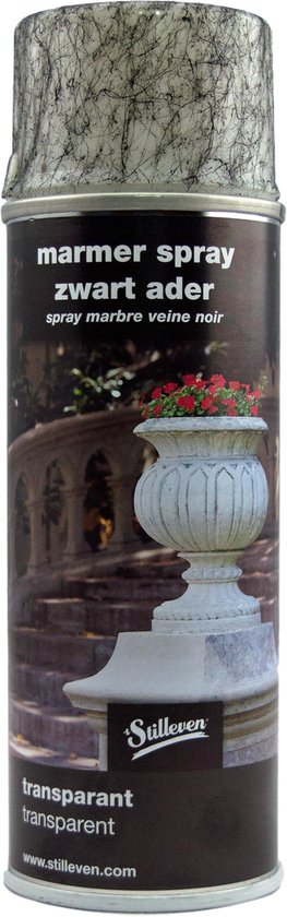 Spuitbus marmer spray zwart ader, met een marmeren patroon in zwart en wit.