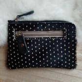 Yoonz - portemonnee luxe - kleine stippen zwart - 8,5 x 12,5 cm - 2 ritsen - echt leer