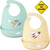 Flouer Siliconen Slabbetje Baby - 2 Stuks - Inclusief Baby on Board Sticker - Groen en Khaki