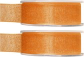 2x Hobby/decoratie oranje organza sierlinten 2,5 cm/25 mm x 20 meter - Cadeaulint organzalint/ribbon - Striklint linten oranje