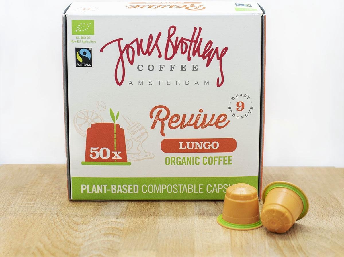 Nespresso cups van Jones Brothers Coffee composteerbare koffie cups / capsules Lungo Revive - 50 cups