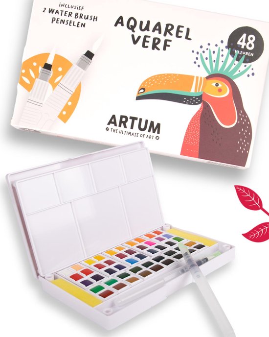 Foto: 48 kleuren aquarelverf beginner set inclusief 2 water brush pennen waterverf pakket volwassenen kinderen waterbrush