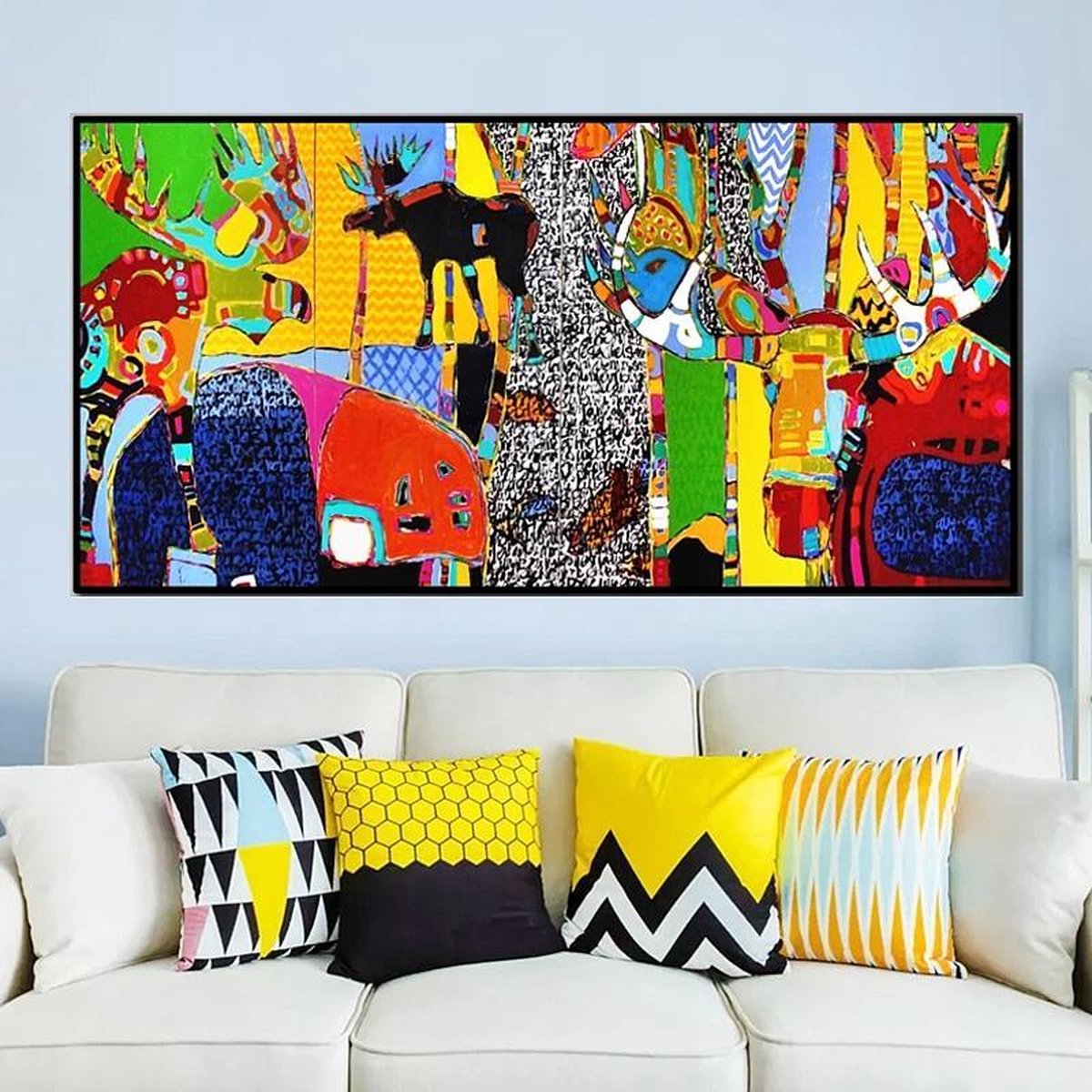 Allernieuwste Canvas Schilderij Abstracte Dieren in het Bos - Modern Popart - Poster - 60 x 120 cm - Kleur Multicolor