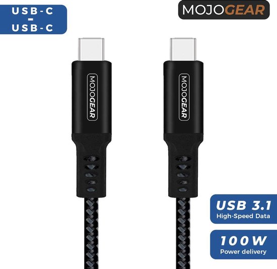 MOJOGEAR USB C naar USB C kabel 100W - 1,5 meter - Extra Sterk - Snellader geschikt voor o.a. iPhone 15, iPhone 16, Samsung, Oppo, iPad Pro, Macbook, smartphones, telefoons, laptops - Zwart/donkergrijs