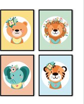 Set' affiches 4 - Animaux Ours Tigre Lion Éléphant avec Fleur - 80x60cm - Décoration Décoration murale Chambre Bébé / Enfants