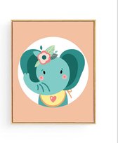 Poster Olifant Oranje met Bloemetje - 40x30cm / A3  - Dieren - Baby / Kinderkamer Muurdecoratie