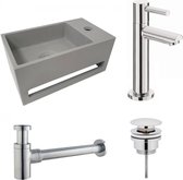 Diamond Line S.S - Fonteinset Rechts met Handdoekhouder - Betonlook - Solid Surface - Rechthoek - 35.6x20.3x15.9cm - Incl. Toiletkraan Hendel Clickwaste Sifon - Chroom