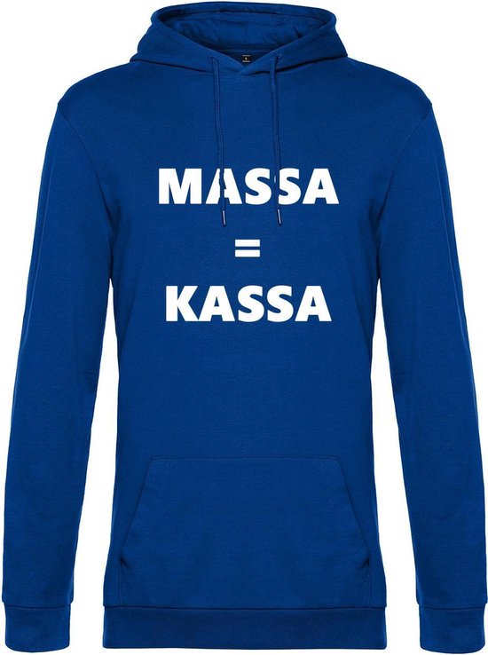 Hoodie met opdruk “Massa is kassa” Blauwe hoodie met witte opdruk – Goede pasvorm, fijn draag comfort