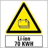 Pas op voor gestapelde li-ion batterijen 70 kwh sticker 100 x 100 mm