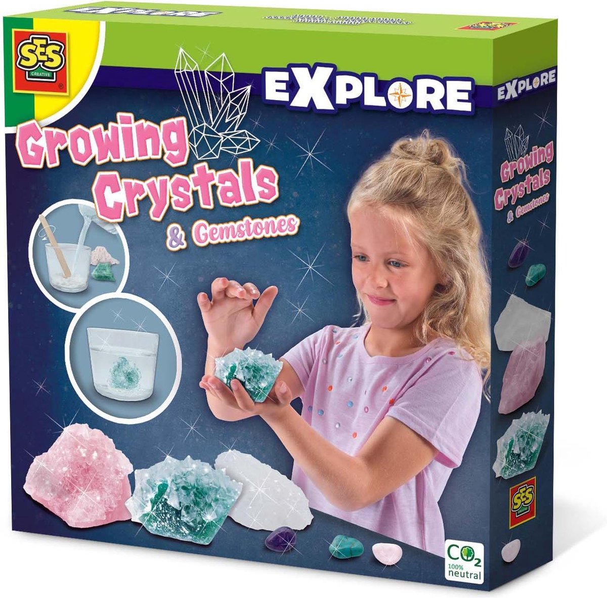 SES - Explore - Kristallen Kweken - Groeiende kristallen en edelstenen - experimenten voor kinderen - 3 stenen om kristallen van te maken - inclusief 3 edelstenen - scheikunde experimenteerset
