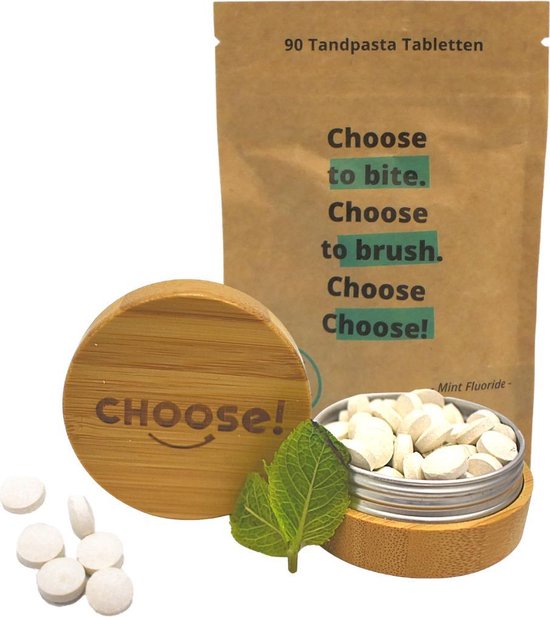 CHOOSE Tandpasta Tabletten met Bamboe Refill Pot - Starter Box | Natuurlijk | Milieuvriendelijk | Vegan | Fluoride | Dierproefvrij