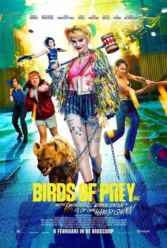 Filmposter 'Birds of Prey' met Harley Quinn centraal, omringd door andere personages en een hyena.